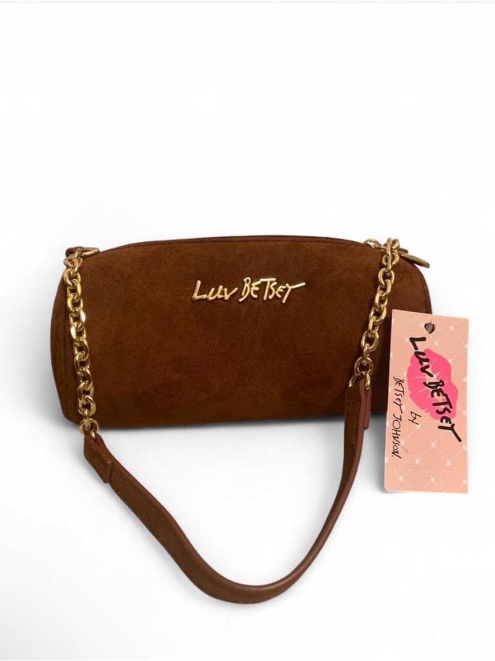 NWT Luv Betsey by Betsey Johnson Brown Suede Barrel Shoulder Bag Gold Chain